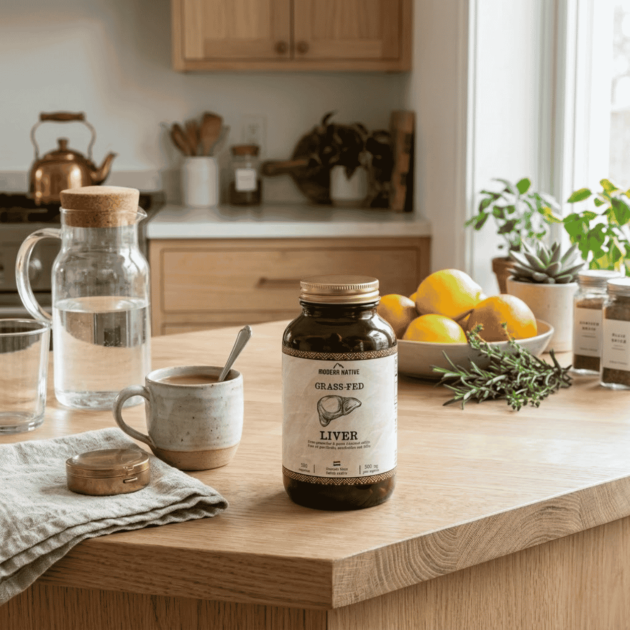 Na obrázku je doplněk Modern Native Grass-Fed Liver ve světlém prostředí moderní kuchyně.
